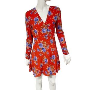 Zara Red Floral Wrap Dress with Blue and Green Accents